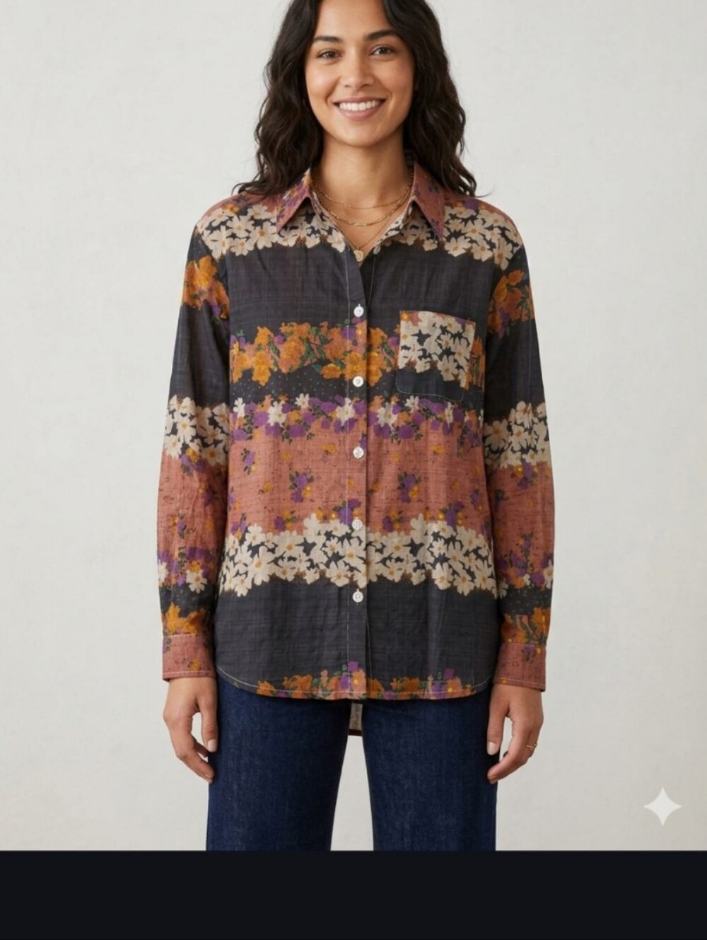 POL Printed Floral Button-Up Top in Black, Mauve & Cream NWOT